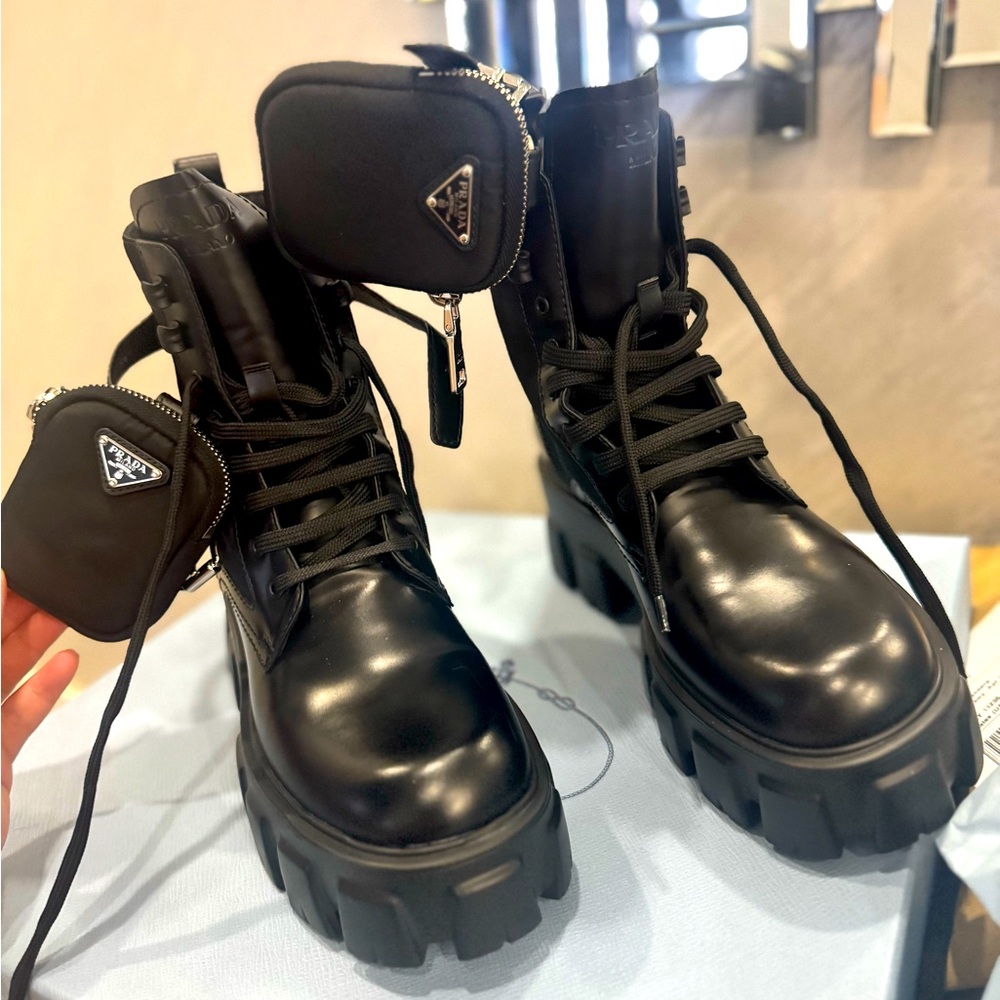 PRADA Monolith Leather and Re-Nylon Boots with Pouch | Size 35.5